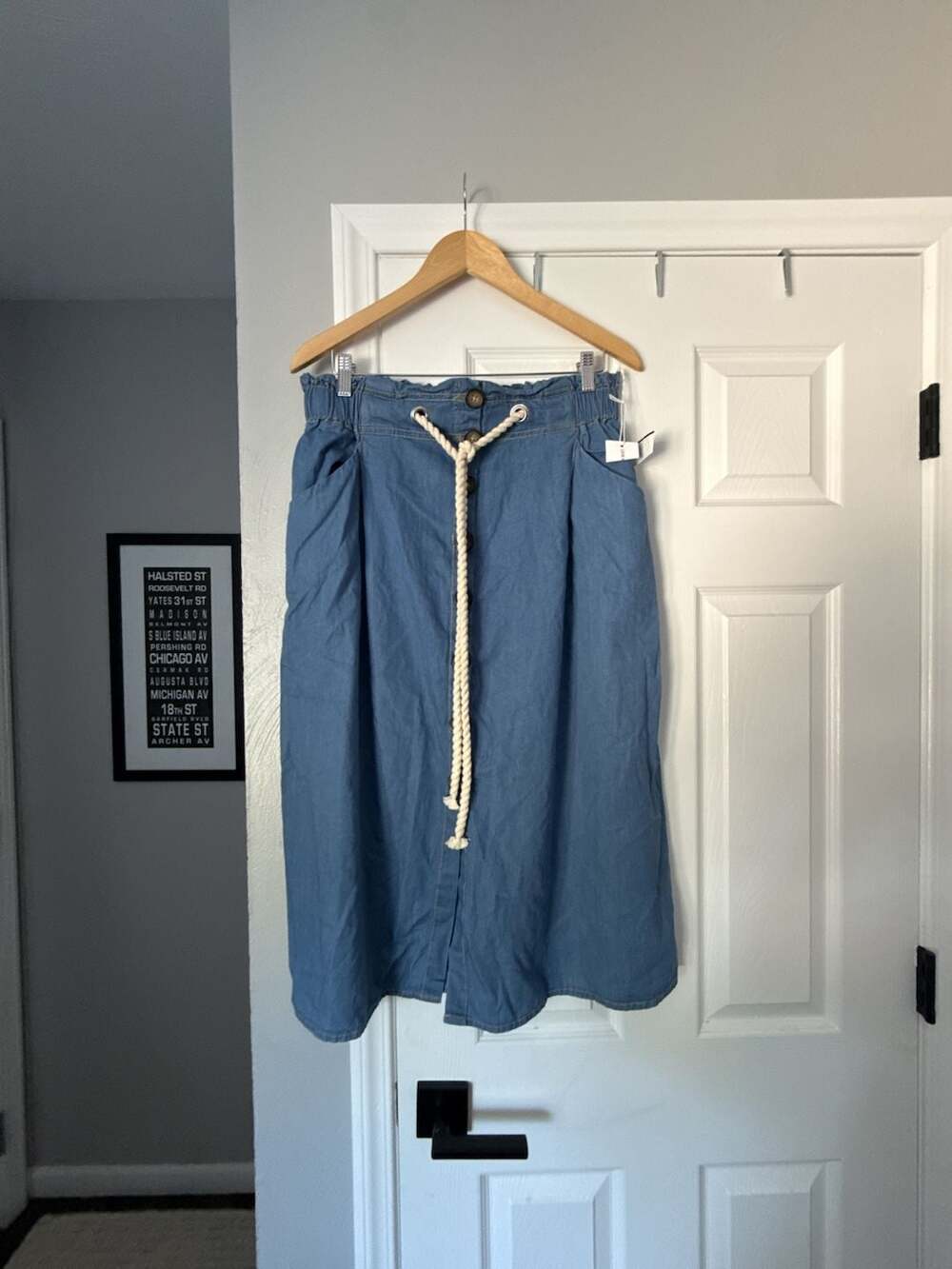 Live 4 Truth Blue Cotton Denim Midi Skirt with Rope Tie Belt